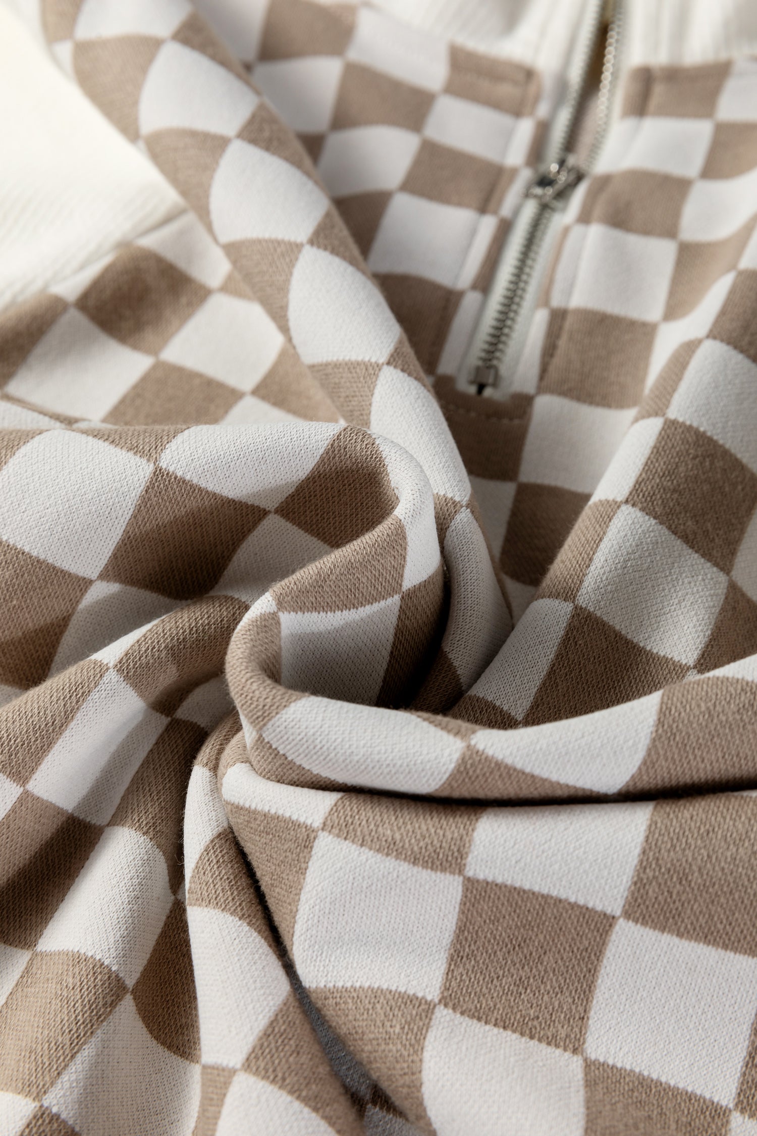 Khaki Checkered Print Quarter Zip Ribbed Patchwork Loose Sweatshirt-Tops/Sweatshirts & Hoodies-[Adult]-[Female]-2022 Online Blue Zone Planet