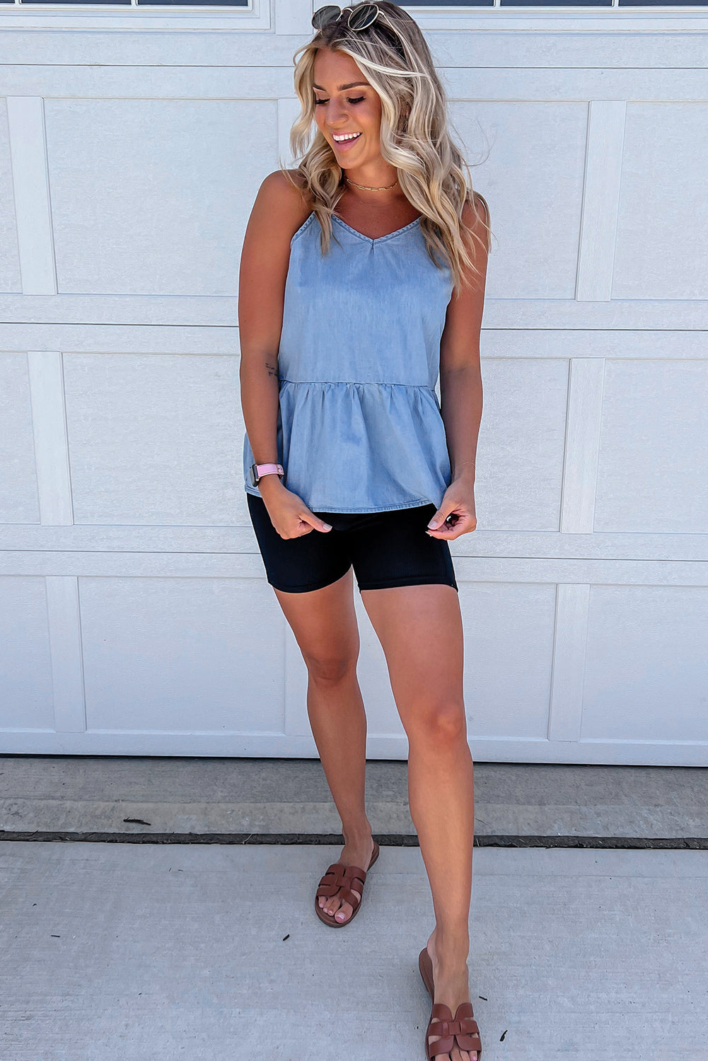 Sky Blue Casual Ruffled Spaghetti Straps Denim Tank Top-Tops/Tank Tops-[Adult]-[Female]-2022 Online Blue Zone Planet