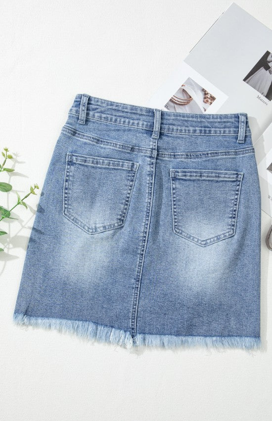 Distressed Raw Hem Heart Denim Skirt-BOTTOMS SIZES SMALL MEDIUM LARGE-[Adult]-[Female]-2022 Online Blue Zone Planet