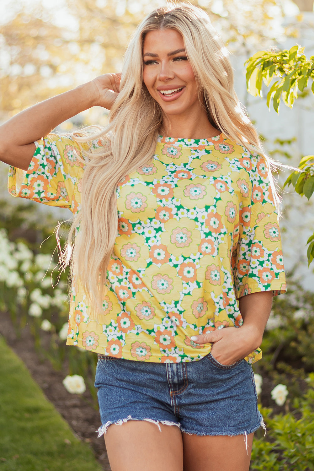Yellow Summer Flower Printed Drop Shoulder Loose T Shirt-Tops/Tops & Tees-[Adult]-[Female]-2022 Online Blue Zone Planet