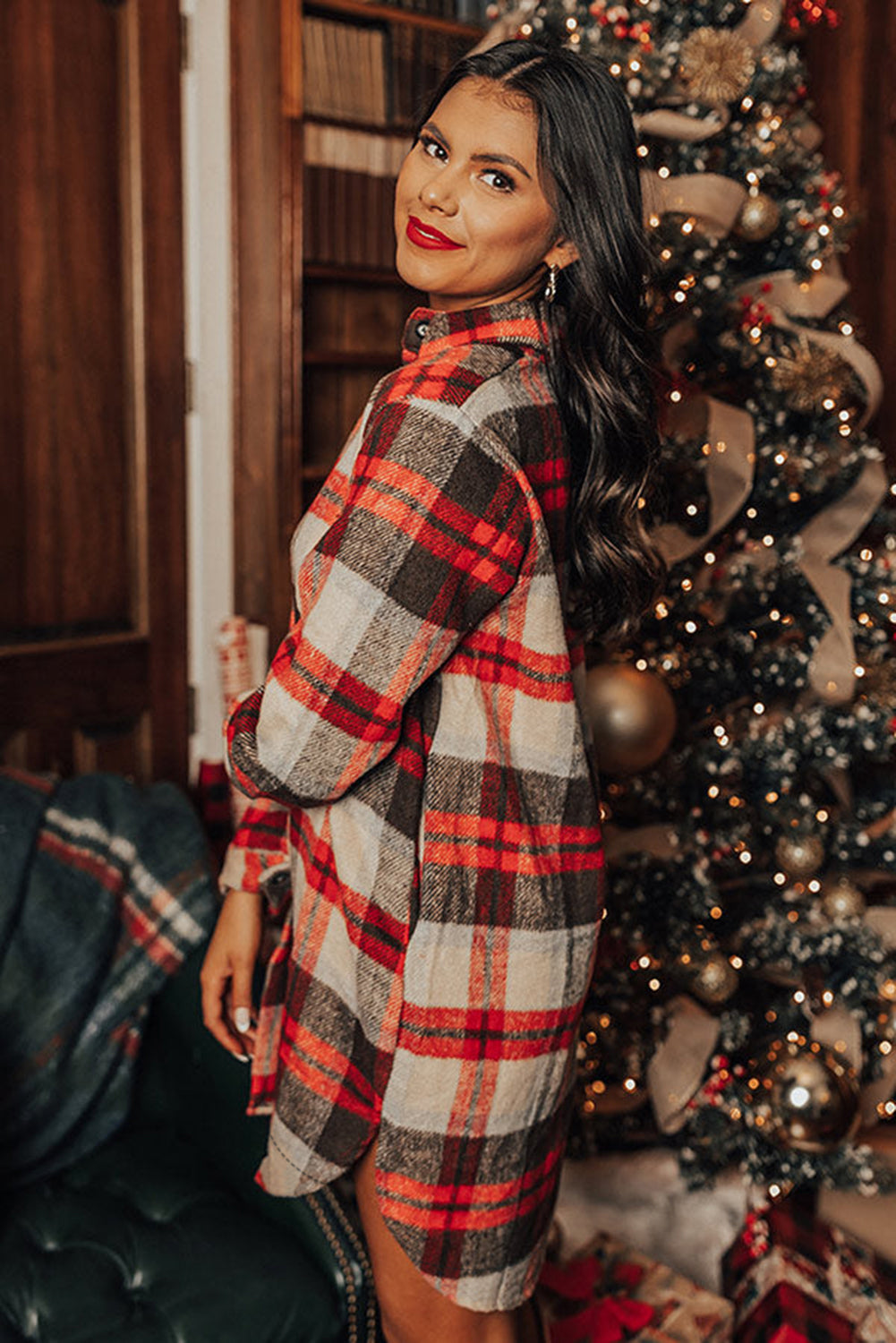 Red Brushed Plaid Buttoned Front Side Slit Tunic Shacket-Outerwear/Plaid Shackets-[Adult]-[Female]-2022 Online Blue Zone Planet