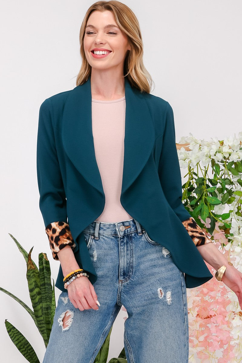 Blue Zone Planet | Celeste Full Size Rolled Leopard Cuff Open Front Blazer-TOPS / DRESSES-[Adult]-[Female]-2022 Online Blue Zone Planet