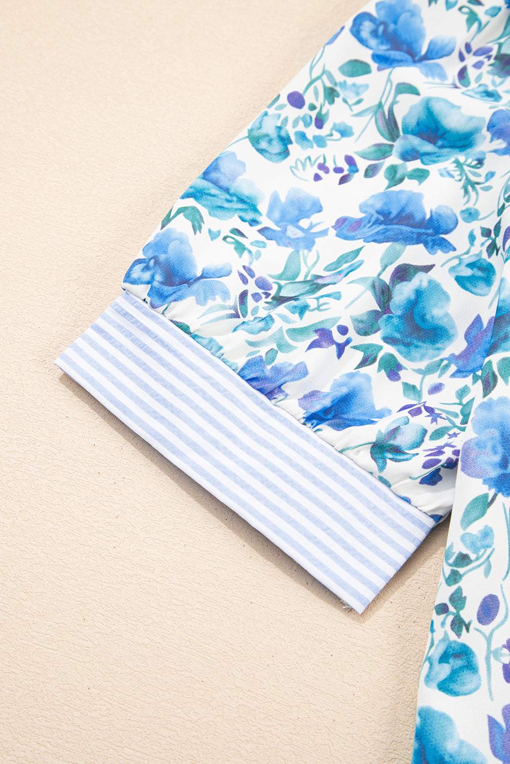 Sky Blue Floral Print Striped Patchwork Collared Short Sleeve Blouse-Tops/Blouses & Shirts-[Adult]-[Female]-2022 Online Blue Zone Planet