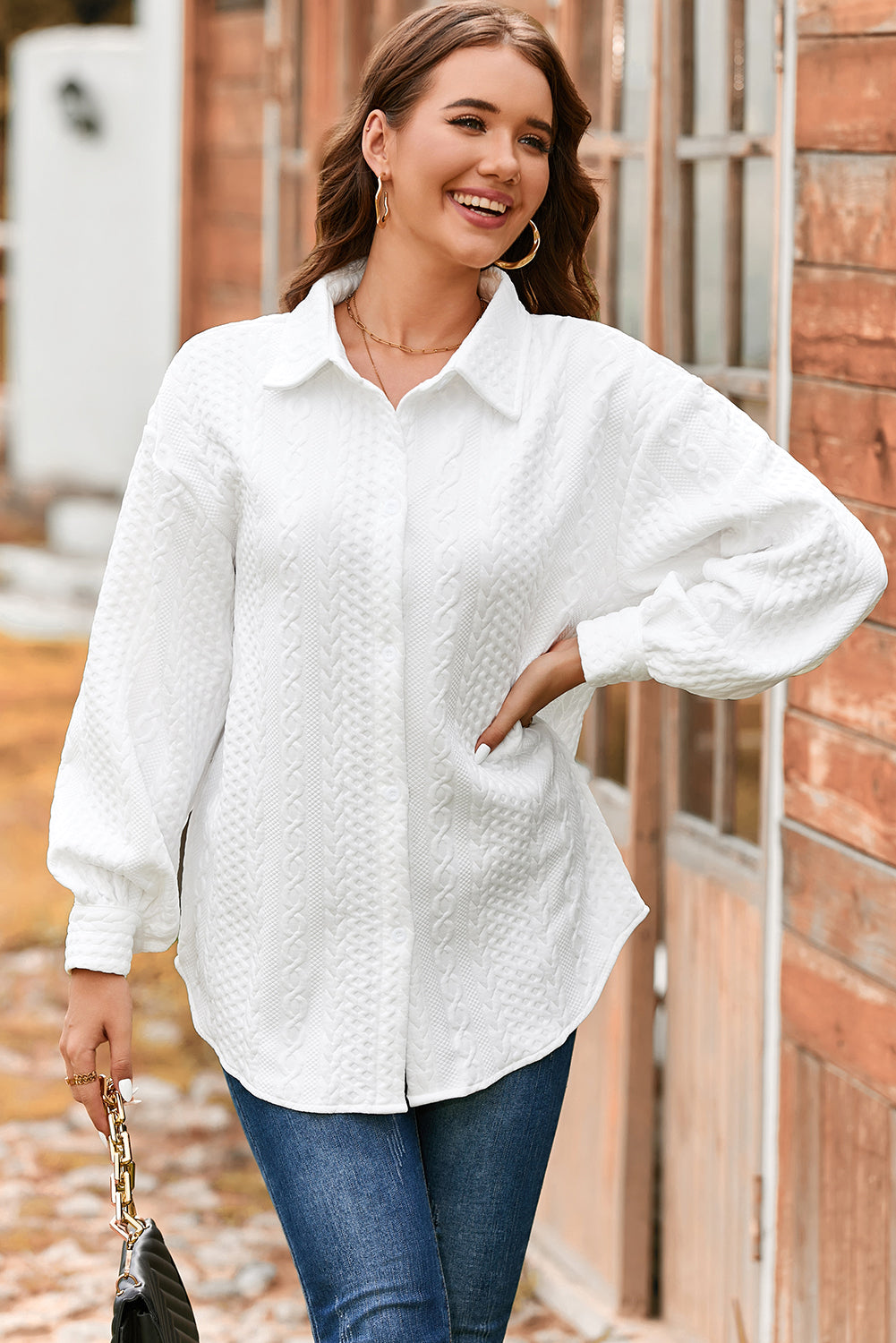 Light Grey Cable Texture Puff Sleeve Loose Shacket
