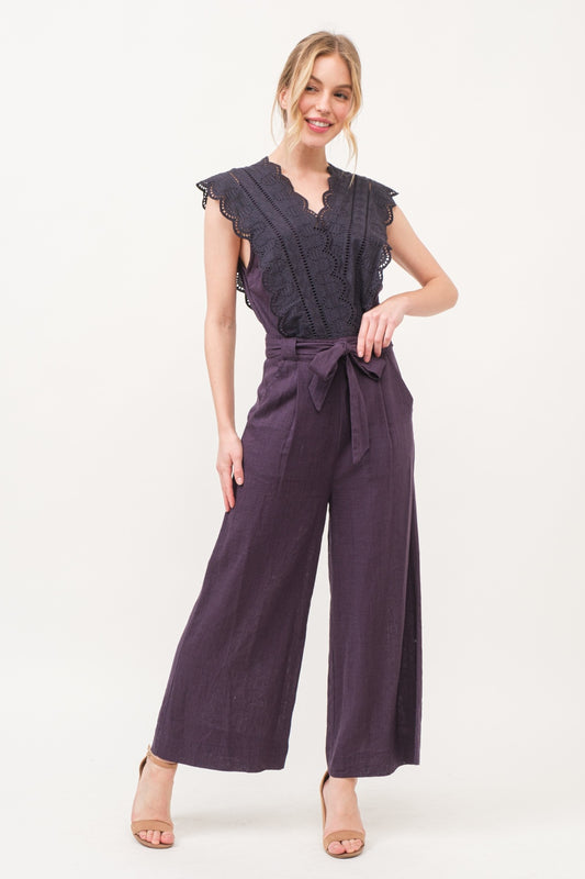 And The Why Laced Surplice Tie Waist Jumpsuit-BOTTOMS SIZES SMALL MEDIUM LARGE-[Adult]-[Female]-Purple-S-2022 Online Blue Zone Planet