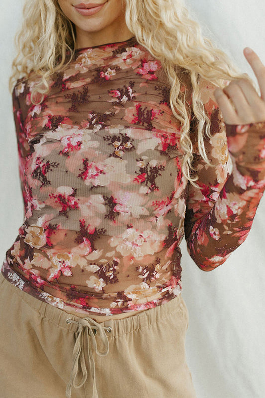 Red Floral Print Sheer Mesh Long Sleeve Top-Tops/Long Sleeve Tops-[Adult]-[Female]-Red-S-2022 Online Blue Zone Planet