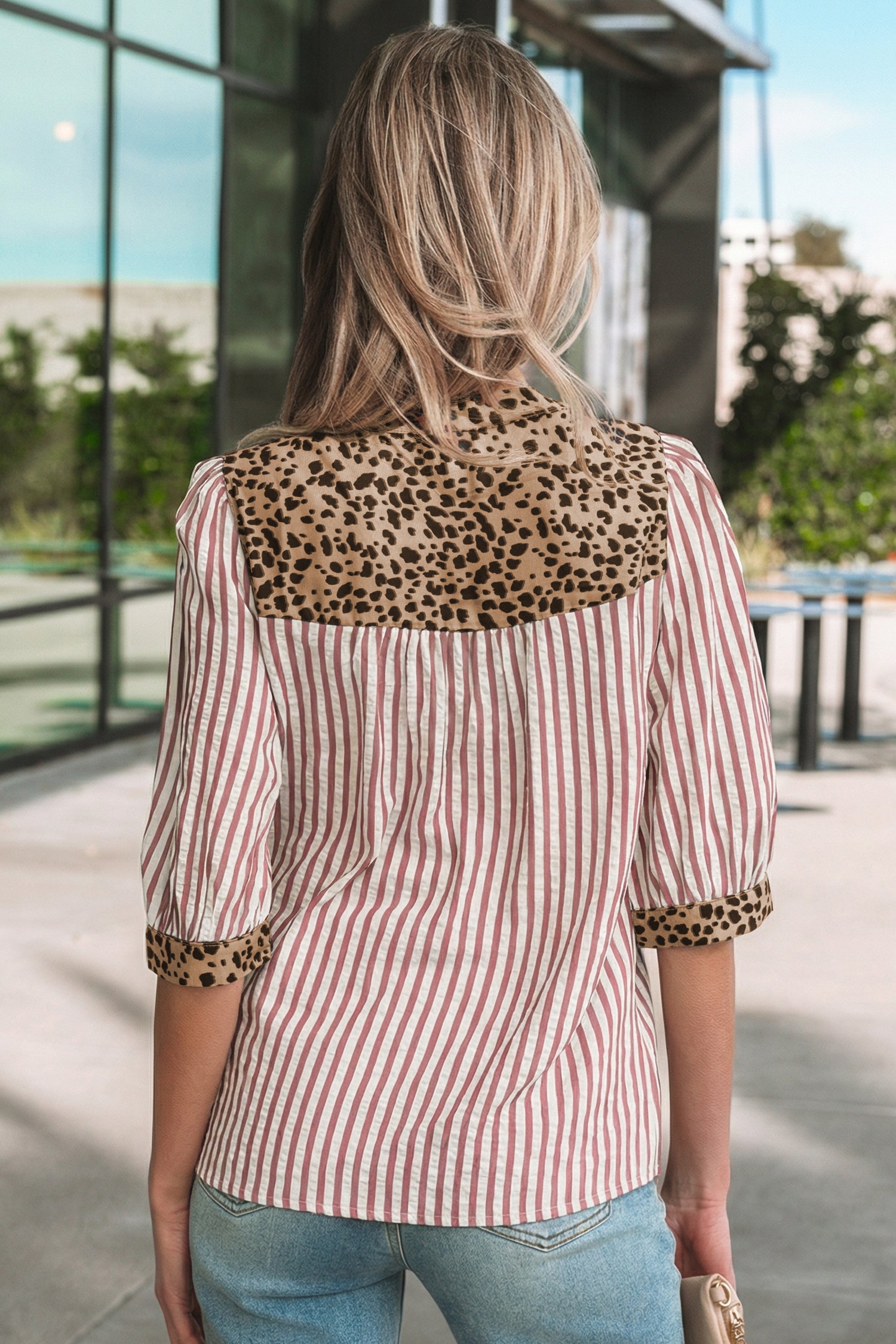 Pink Stripe Leopard Trim V Neck Button Down Half Sleeve Shirt-Tops/Blouses & Shirts-[Adult]-[Female]-2022 Online Blue Zone Planet