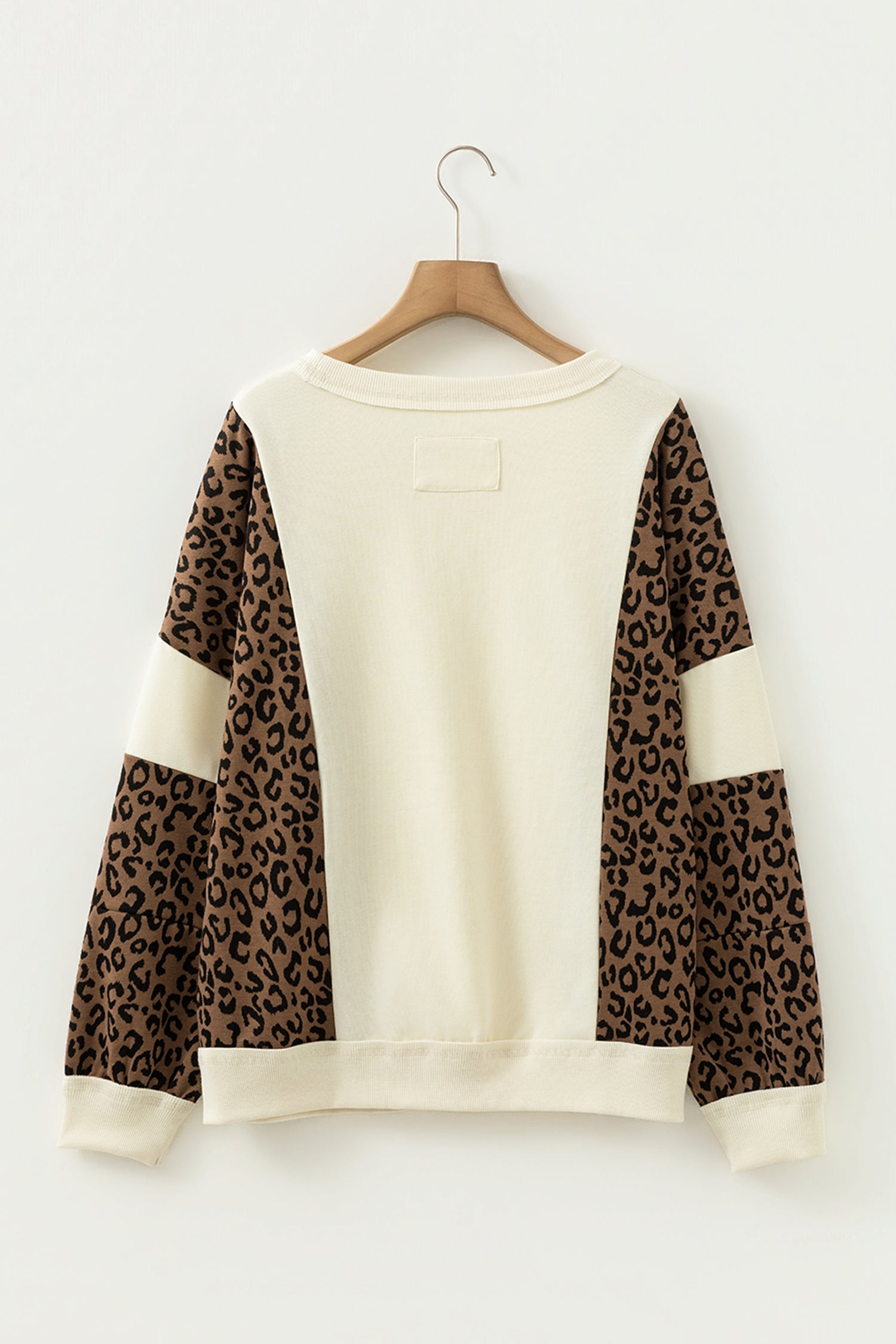 Beige Raw Seam Color Block Leopard Patchwork Baggy Long Sleeve Top-Tops/Long Sleeve Tops-[Adult]-[Female]-2022 Online Blue Zone Planet