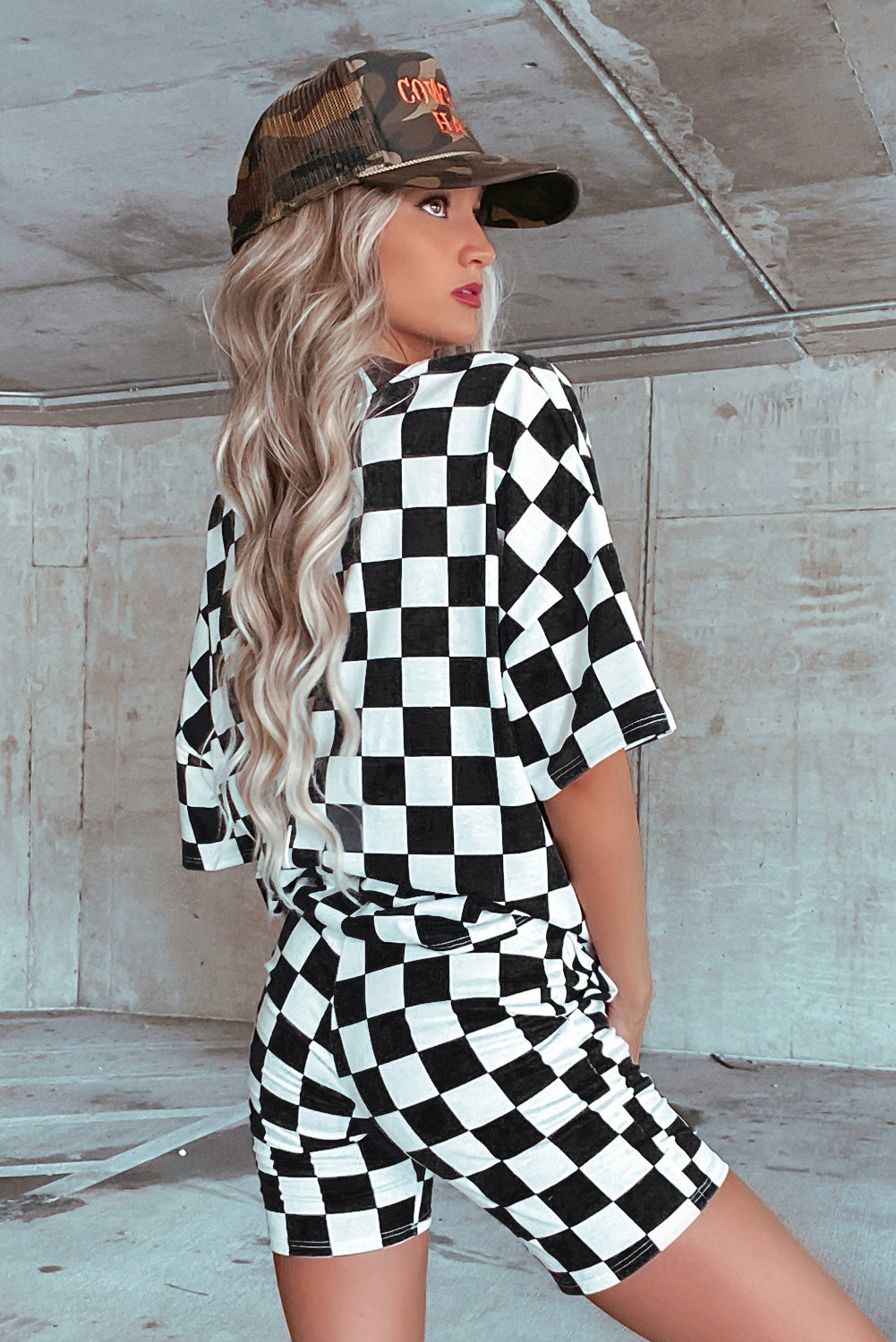 Black Checkerboard Print V Neck Loose Tee and Shorts Lounge Set-Loungewear & Sleepwear/Loungewear-[Adult]-[Female]-2022 Online Blue Zone Planet