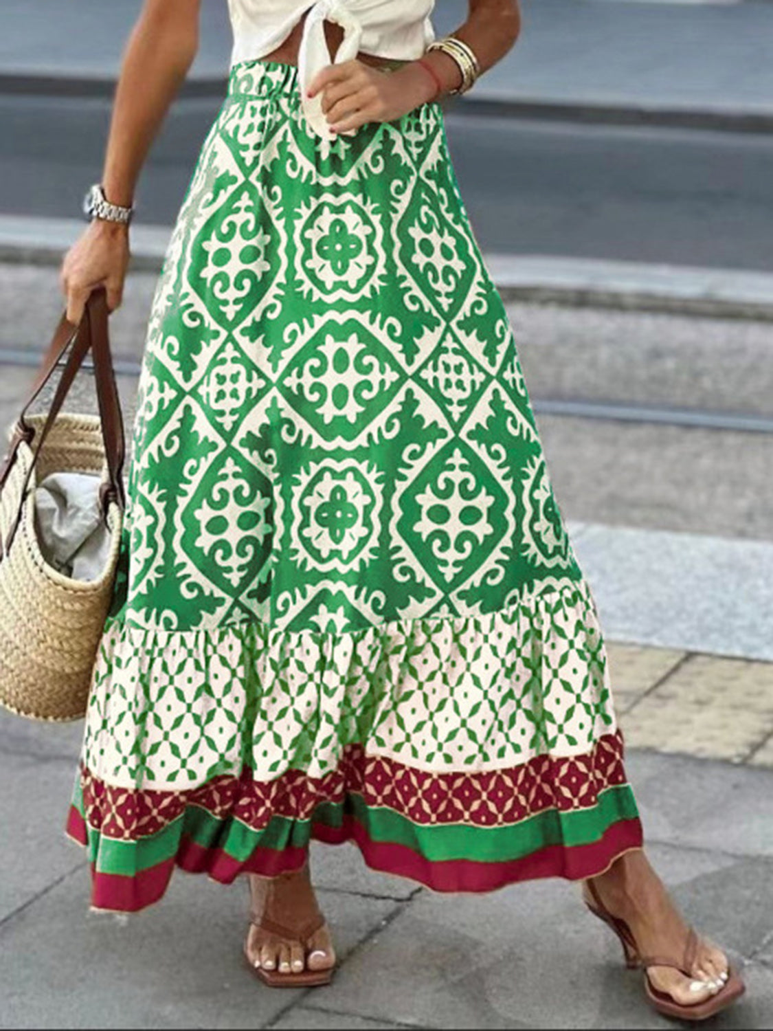 Geometric Elastic Waist Maxi Skirt-BOTTOMS SIZES SMALL MEDIUM LARGE-[Adult]-[Female]-Green-S-2022 Online Blue Zone Planet