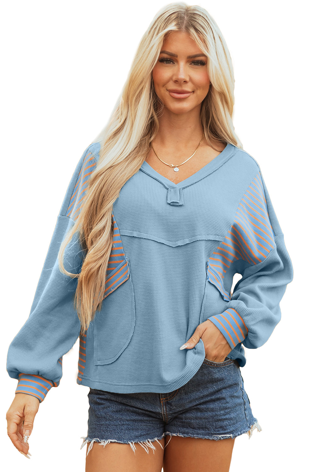 Dusk Blue Exposed Seam Waffle Striped Patchwork Baggy Pullover-Tops/Long Sleeve Tops-[Adult]-[Female]-2022 Online Blue Zone Planet