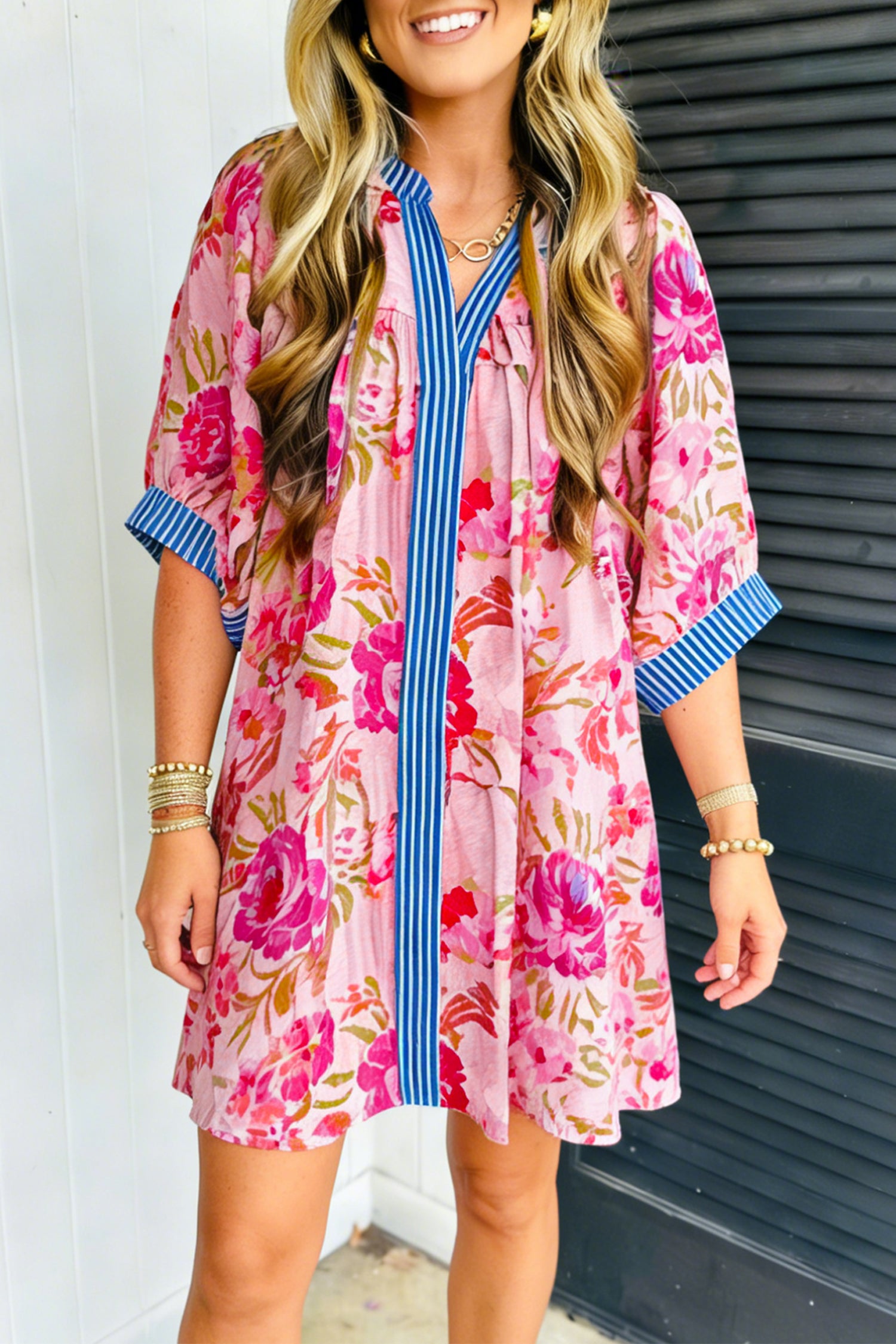 Multicolour Floral Striped Patchwork Trim Half Sleeve Mini Dress-Dresses/Floral Dresses-[Adult]-[Female]-Multicolour-S-2022 Online Blue Zone Planet