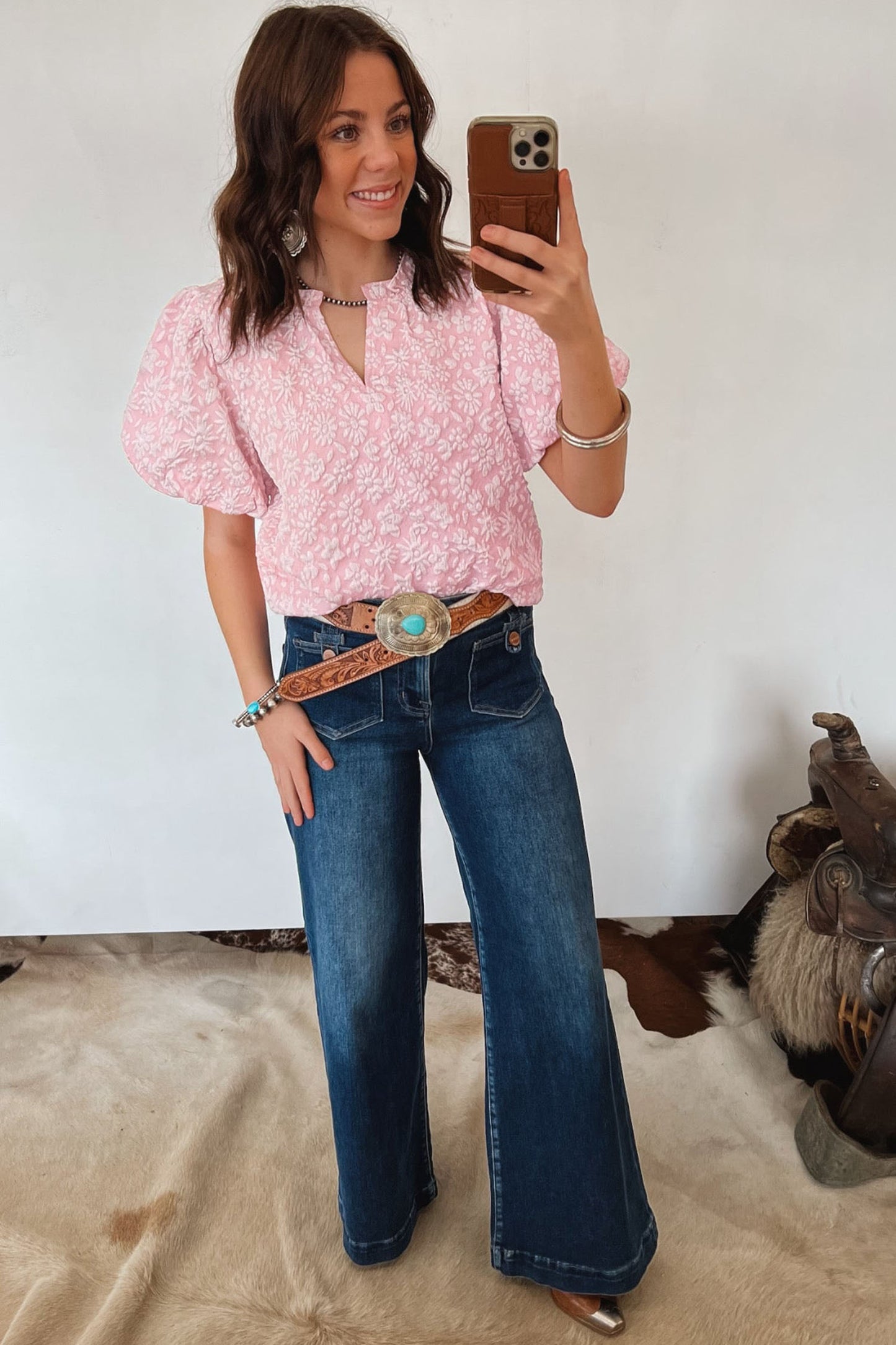 Iceland Blue Floral Textured Jacquard Puff Sleeve Blouse-Tops/Blouses & Shirts-[Adult]-[Female]-2022 Online Blue Zone Planet
