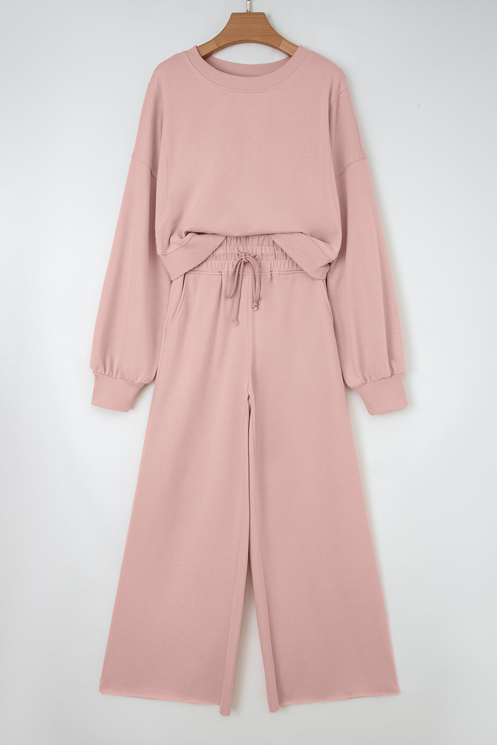Light Pink Drop Shoulder Puff Sleeve Crop Pullover Drawstring Wide Leg Pants Set-Two Piece Sets/Pant Sets-[Adult]-[Female]-Light Pink-S-2022 Online Blue Zone Planet