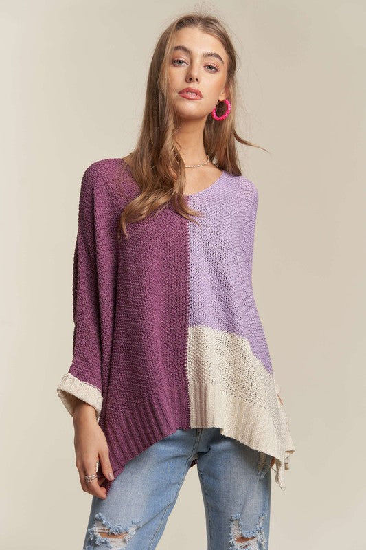 ADORA Side Slit Color Block Long Sleeve Sweater-TOPS / DRESSES-[Adult]-[Female]-2022 Online Blue Zone Planet