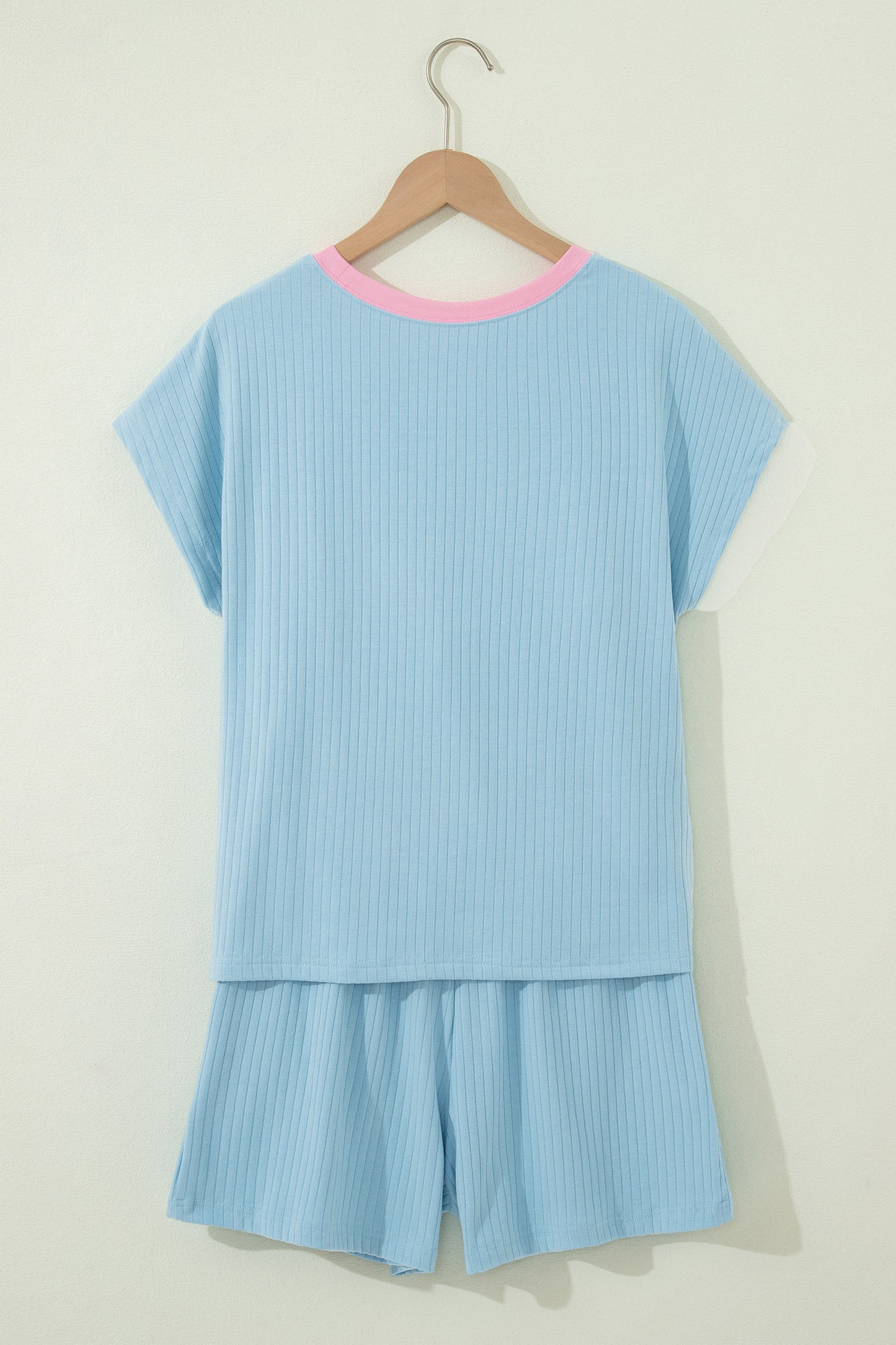Mist Blue Soft Ribbed Color Block Trim Casual Short Set-Two Piece Sets/Short Sets-[Adult]-[Female]-2022 Online Blue Zone Planet