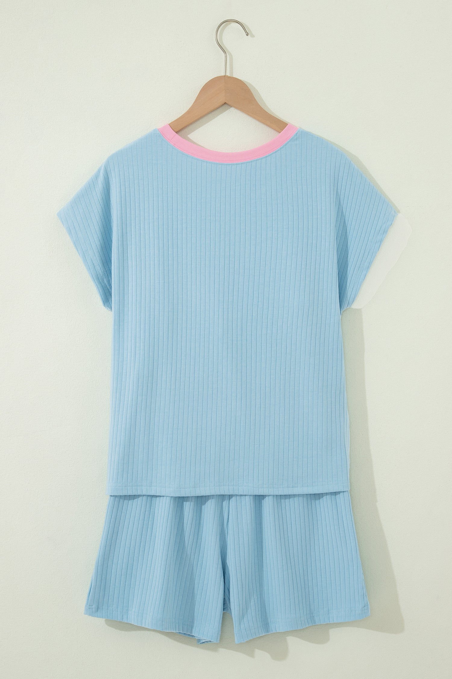 Mist Blue Soft Ribbed Color Block Trim Casual Short Set-Two Piece Sets/Short Sets-[Adult]-[Female]-2022 Online Blue Zone Planet