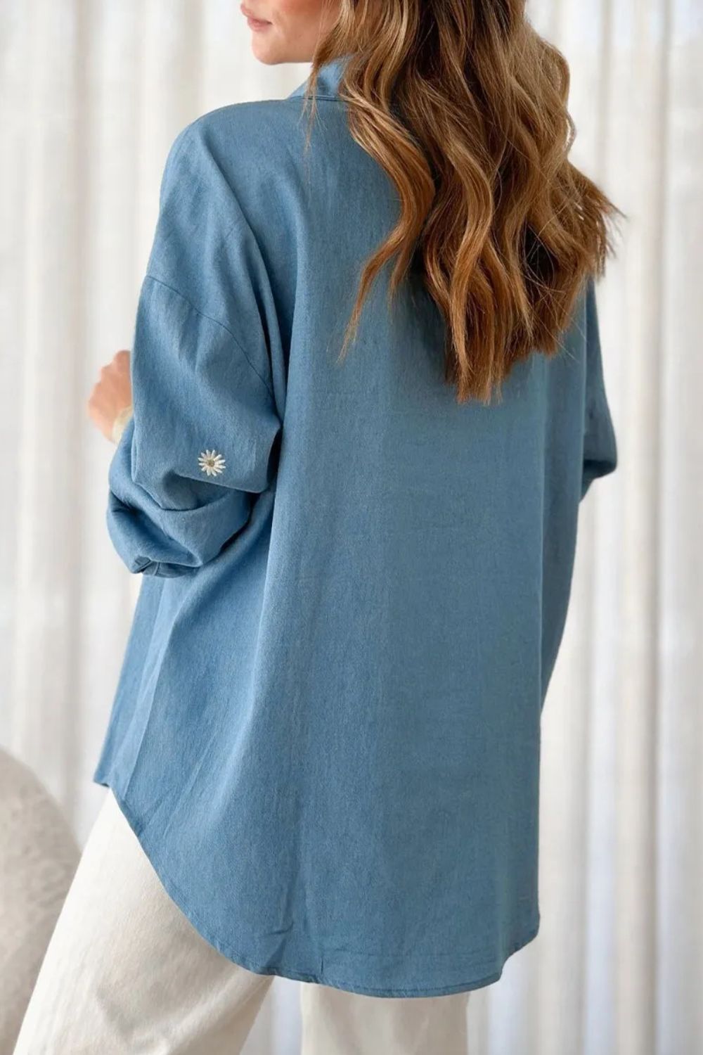 Embroidered Daisy Collared Neck Long Sleeve Shirt-TOPS / DRESSES-[Adult]-[Female]-2022 Online Blue Zone Planet