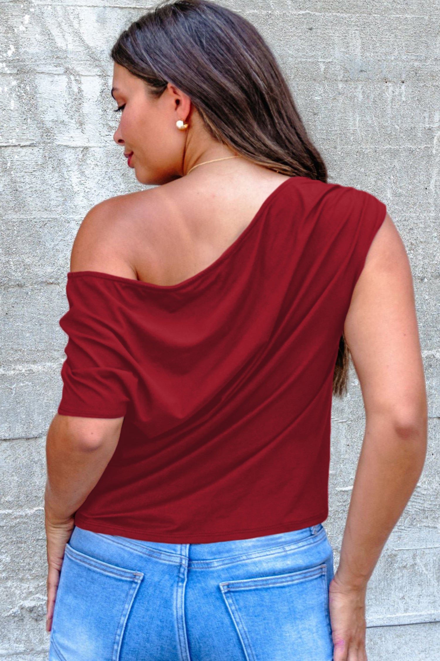 Burgundy Plus Size Solid Color Asymmetric Neck Short Sleeve Blouse-Plus Size/Plus Size Tops/Plus Size Tops & Tees-[Adult]-[Female]-2022 Online Blue Zone Planet