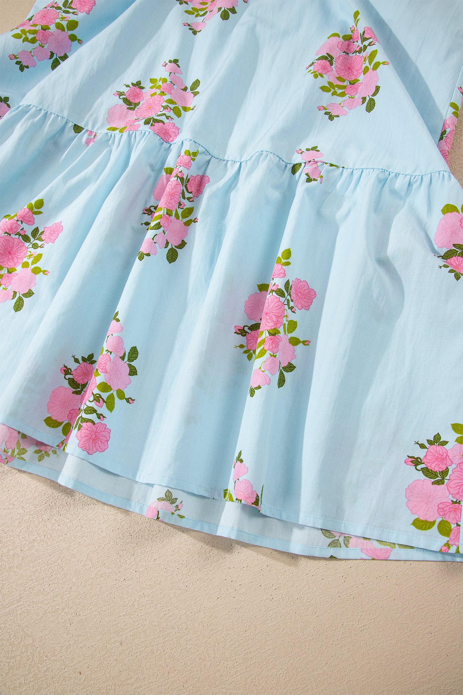 Sky Blue Notched Neck Flutter Short Sleeve Floral Print Maxi Dress-TOPS / DRESSES-[Adult]-[Female]-2022 Online Blue Zone Planet