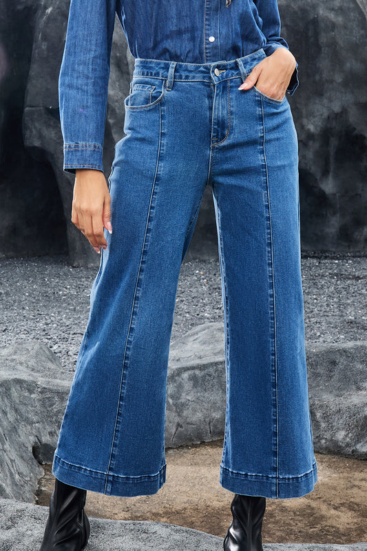 Dark Blue Plain Seam Detail Flared Bottom Ankle Length Jeans-Bottoms/Jeans-[Adult]-[Female]-Dark Blue-4-2022 Online Blue Zone Planet