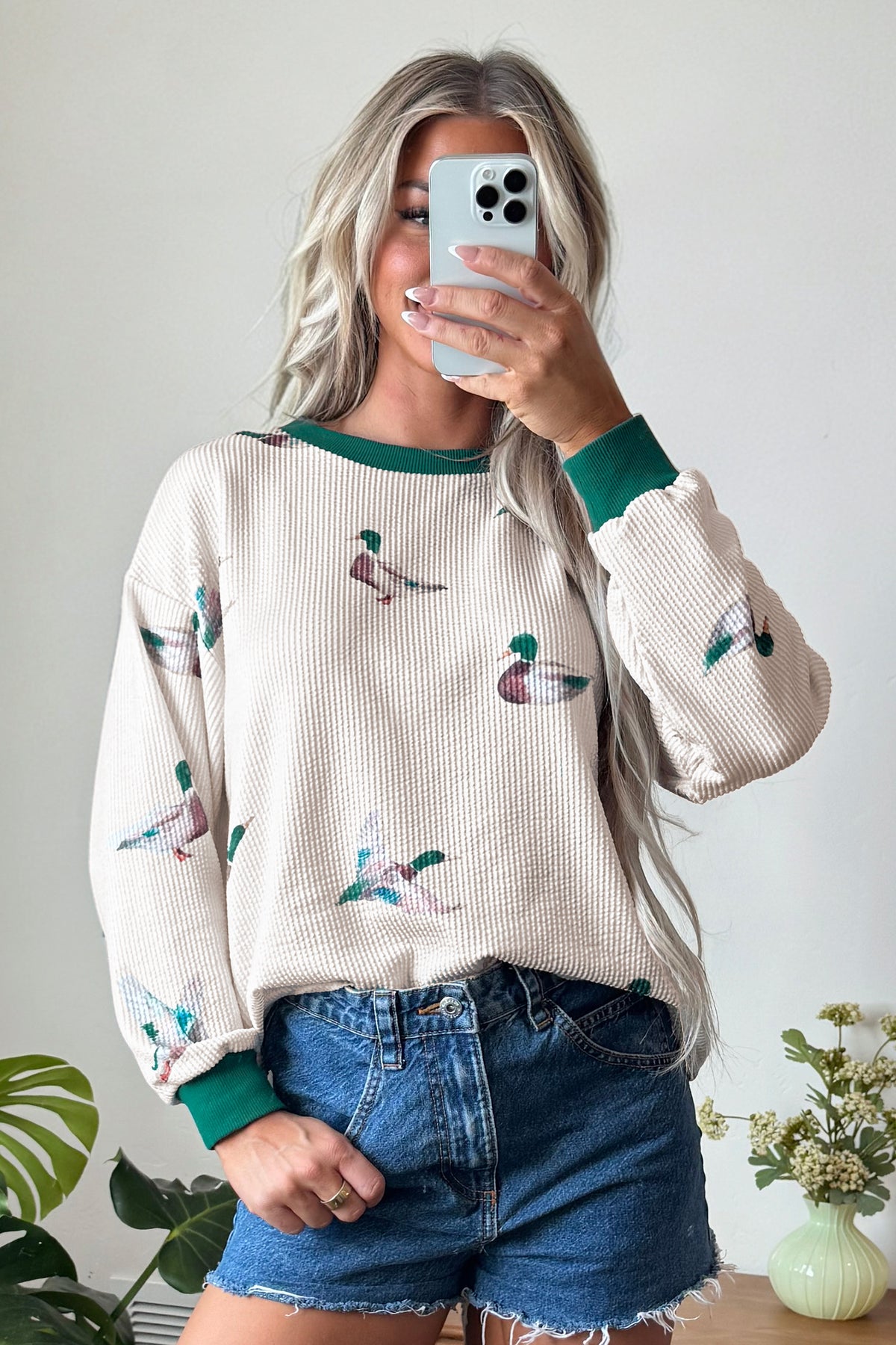 Beige Twisted Ribbed Duck Print Crewneck Casual Pullover Top-Tops/Long Sleeve Tops-[Adult]-[Female]-2022 Online Blue Zone Planet