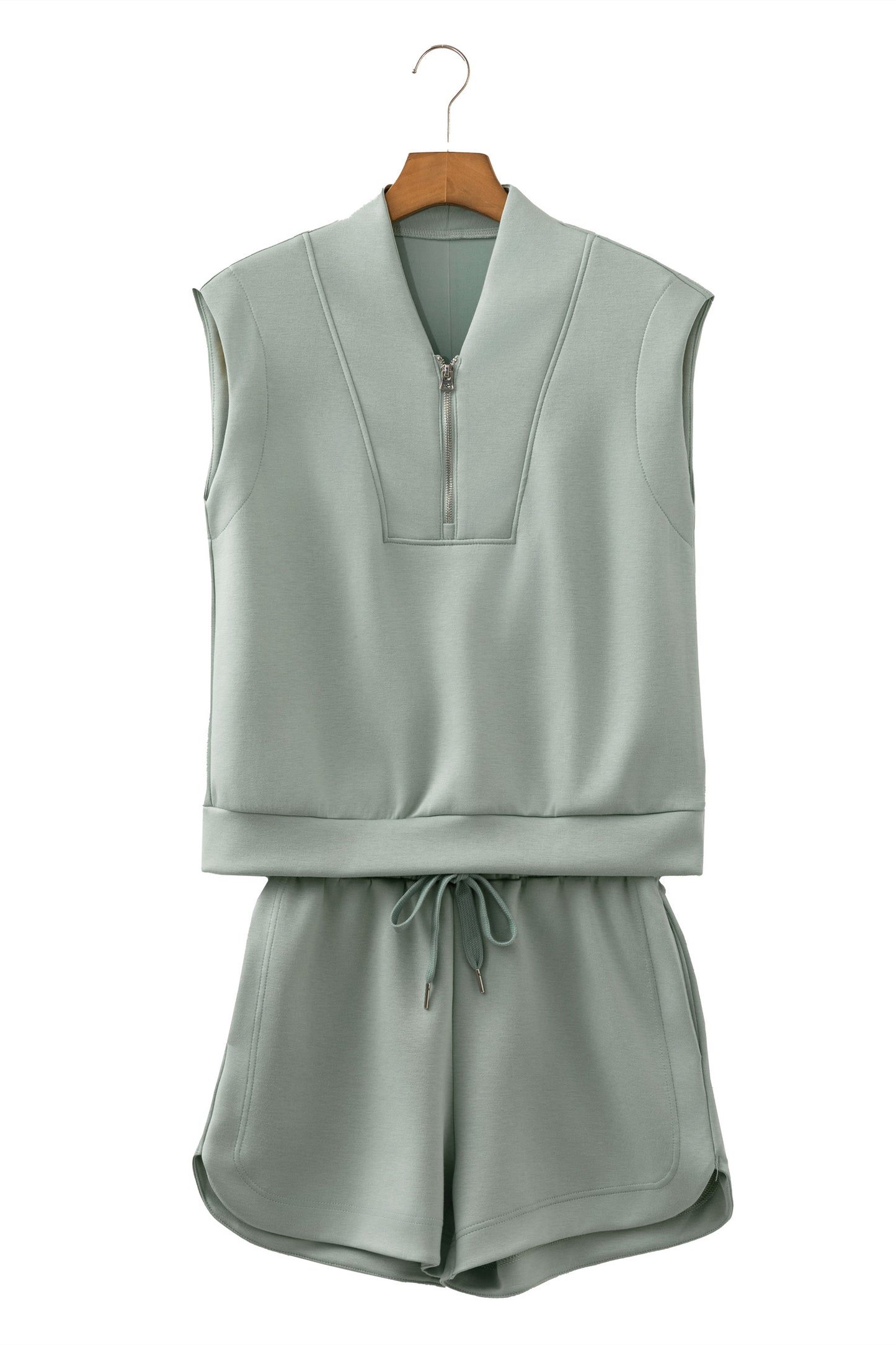 Oatmeal Quarter Zip Sleeveless Top Drawstring Shorts Casual 2pcs Outfit-Two Piece Sets/Short Sets-[Adult]-[Female]-2022 Online Blue Zone Planet