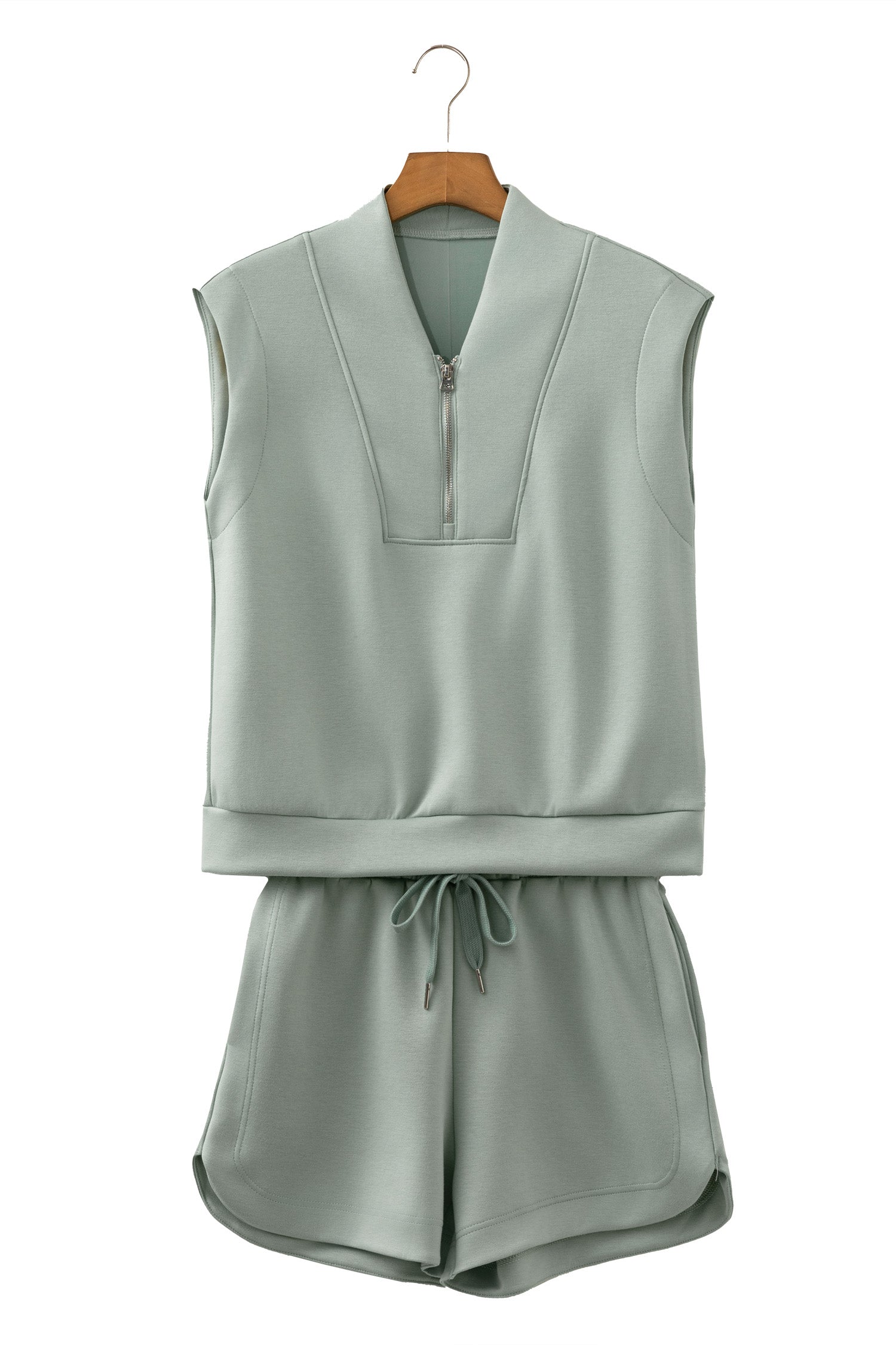 Oatmeal Quarter Zip Sleeveless Top Drawstring Shorts Casual 2pcs Outfit-Two Piece Sets/Short Sets-[Adult]-[Female]-2022 Online Blue Zone Planet