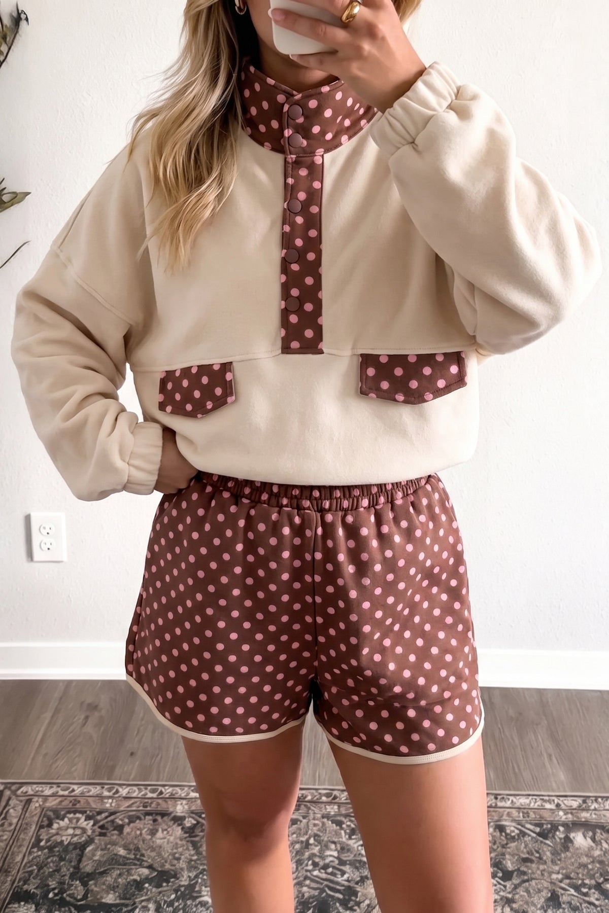 Brown Polka Dot Contrast Baggy Pullover and Elastic Waist Shorts 2pcs Set