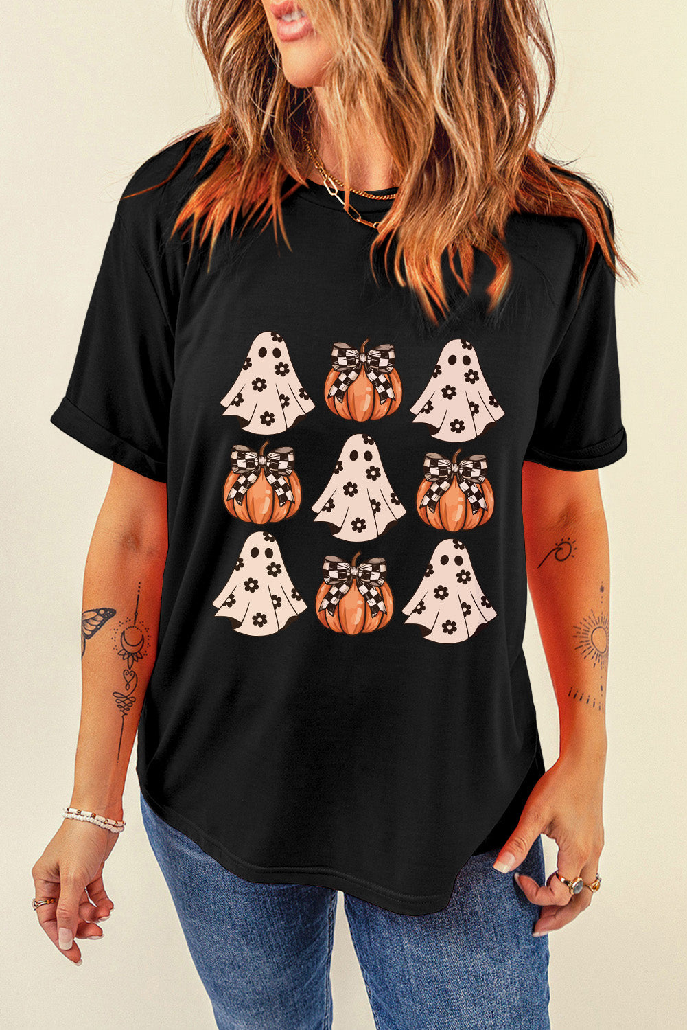 Halloween Graphic Round Neck Short Sleeve T-Shirt-TOPS / DRESSES-[Adult]-[Female]-Black-S-2022 Online Blue Zone Planet