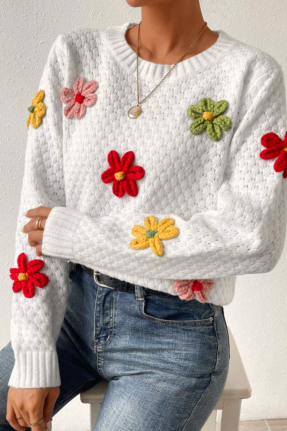 White Colorful Flower Applique Textured Knit Sweater-Sweaters & Cardigans/Sweaters-[Adult]-[Female]-White-S-2022 Online Blue Zone Planet