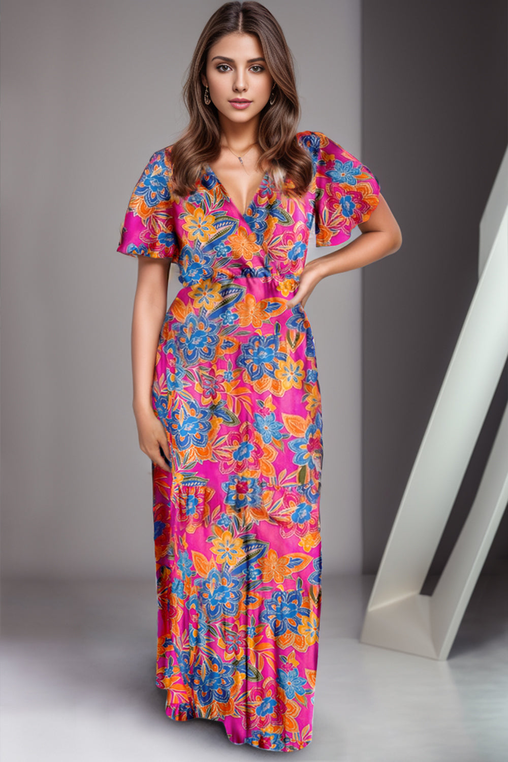 Printed Surplice Short Sleeve Maxi Dress BLUE ZONE PLANET