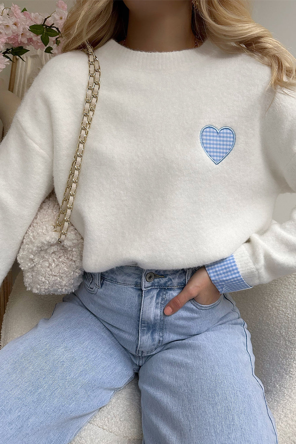 White Plaid Heart Embroidered Cuffed Drop Shoulder Crew Neck Sweater-TOPS / DRESSES-[Adult]-[Female]-White-S-2022 Online Blue Zone Planet