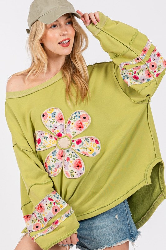 SAGE + FIG Daisy Patch Applique Long Sleeve Sweatshirt-TOPS / DRESSES-[Adult]-[Female]-Yellow-Green-S-2022 Online Blue Zone Planet