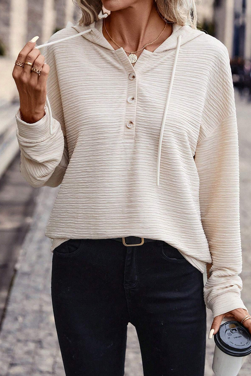 Apricot Solid Textured Drawstring Henley Hoodie-Tops/Sweatshirts & Hoodies-[Adult]-[Female]-2022 Online Blue Zone Planet