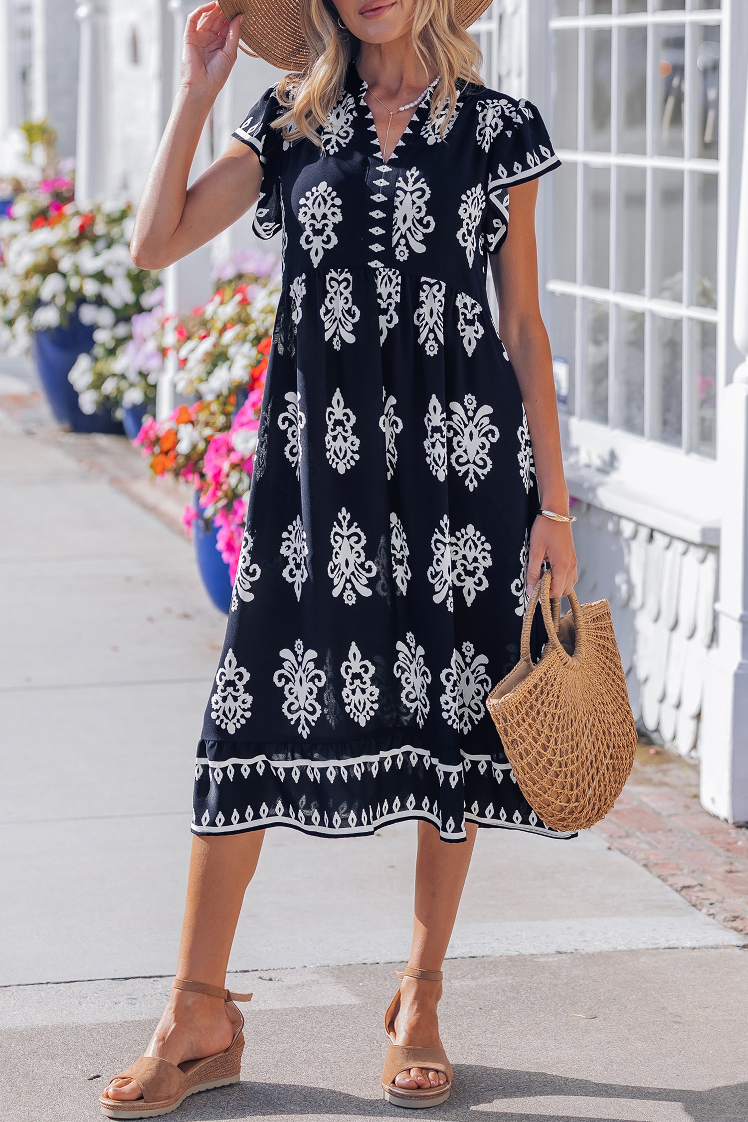 Blue Western Ethnic Print Notched Neck Short Sleeve Midi Dress-TOPS / DRESSES-[Adult]-[Female]-2022 Online Blue Zone Planet