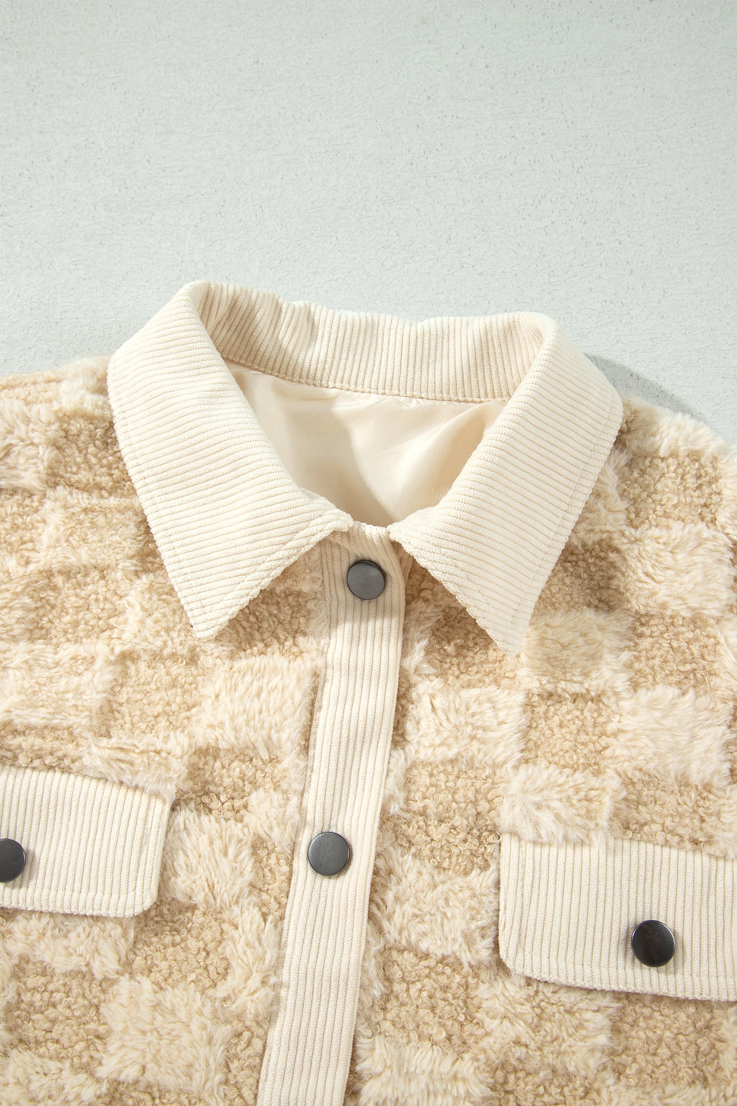 Khaki Plush Checkered Corduroy Trim Metal Button Long Sleeve Shift Silhouette Shacket-Outerwear/Jackets-[Adult]-[Female]-2022 Online Blue Zone Planet
