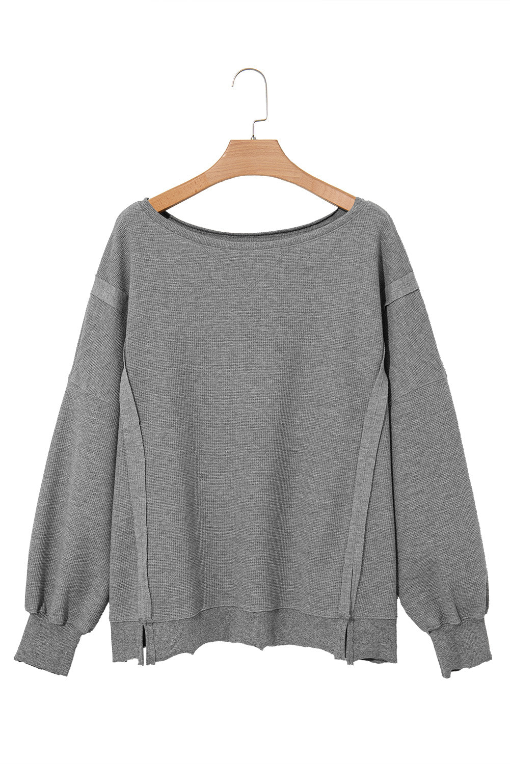 Blue Zone Planet | Gray Knit Bishop Sleeve Split Oversized Sweatshirt-Sweatshirts & Hoodies-[Adult]-[Female]-2022 Online Blue Zone Planet