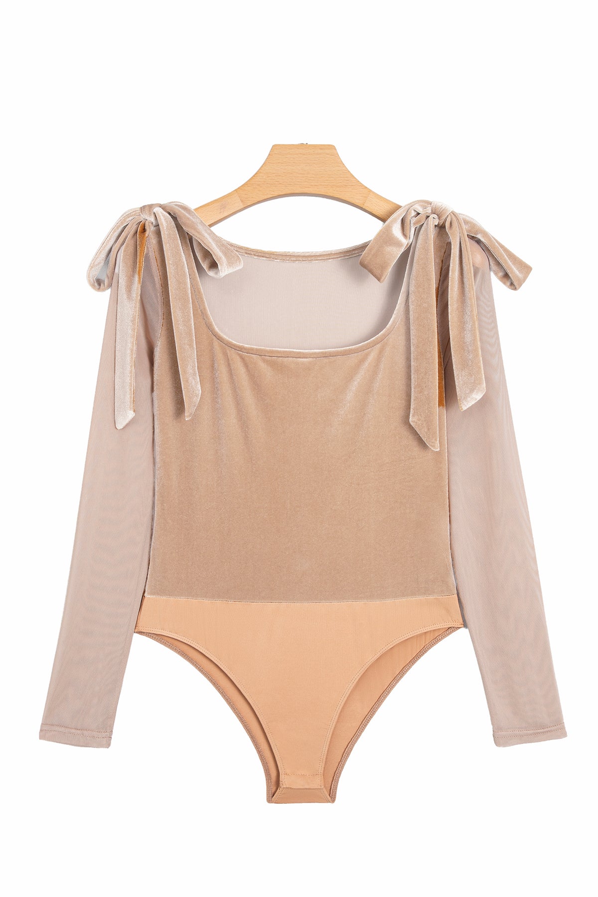 Light French Beige Solid Color Velvet Knot Square Neck Sheer Long Sleeve Bodysuit-Tops/Bodysuits-[Adult]-[Female]-2022 Online Blue Zone Planet