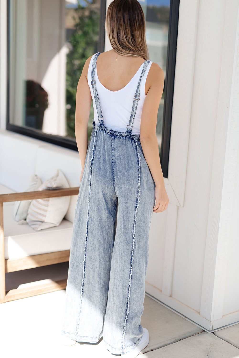 Beau Blue Light Wash Frayed Exposed Seam Wide Leg Denim Overall Blue Zone Planet