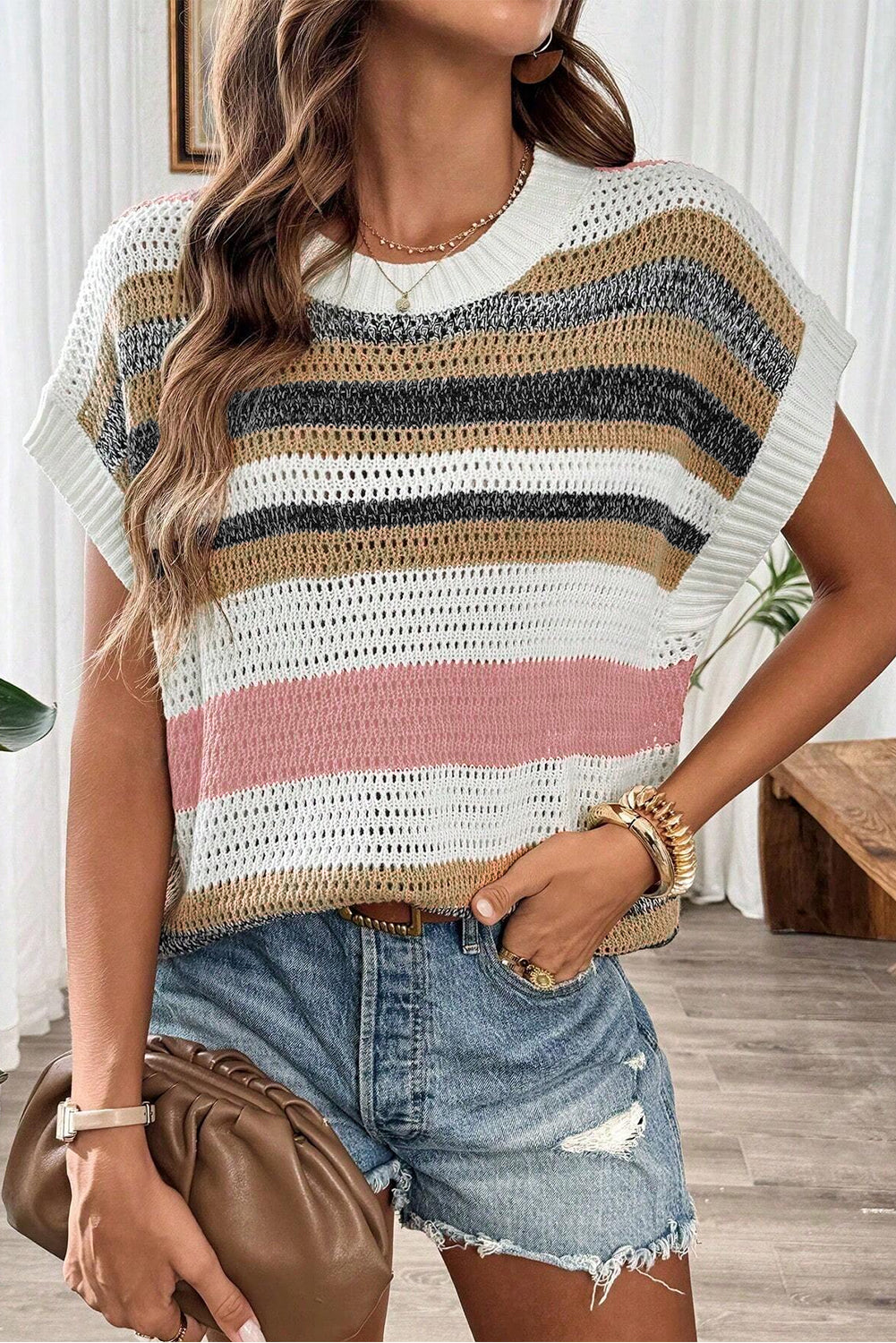 Blue Zone Planet | Pink Stripe Colorblock Eyelet Knit Short Sleeve Sweater Tee-Short Sleeve Sweater-[Adult]-[Female]-2022 Online Blue Zone Planet