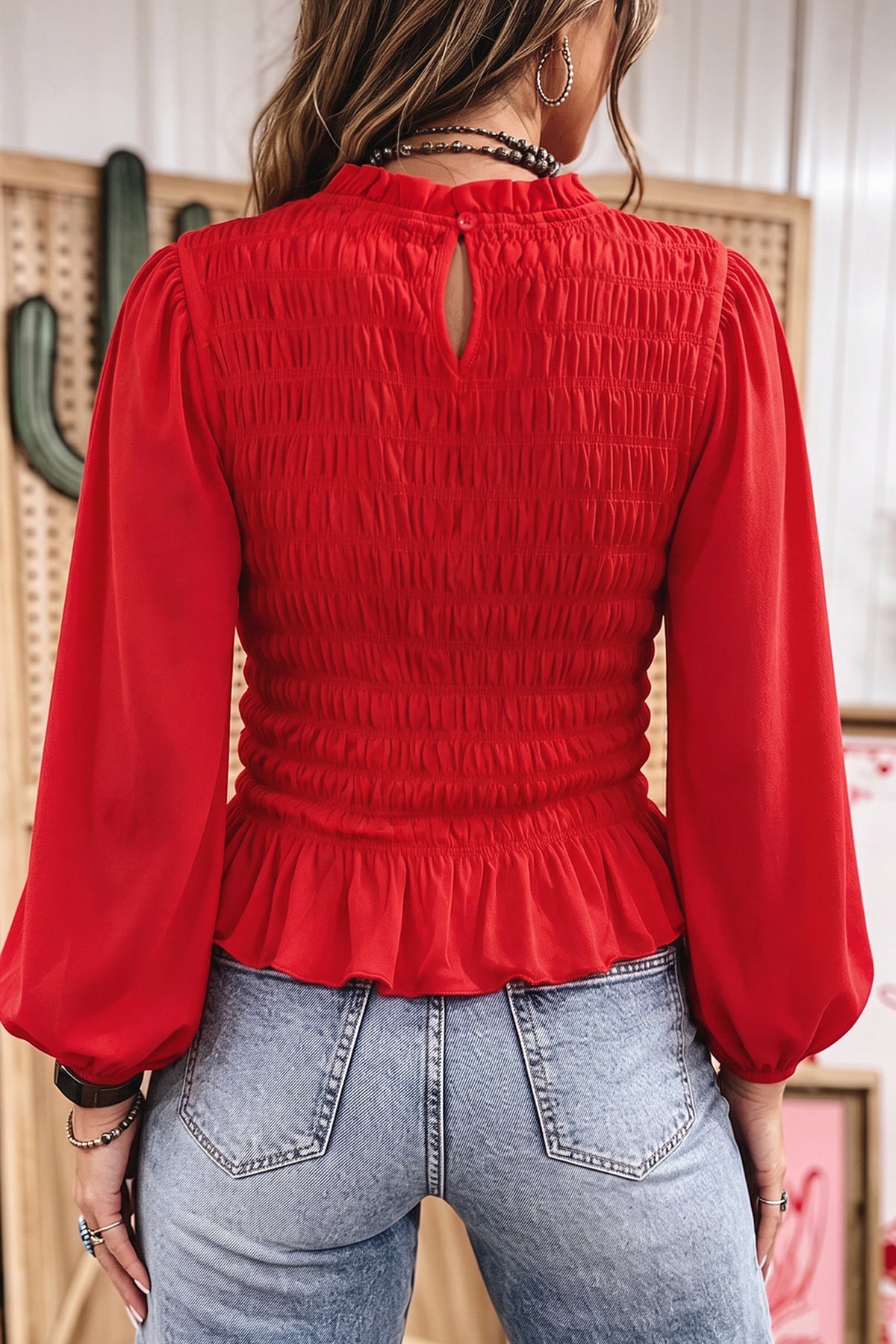 Bright Green Solid Color Smocked Ruffle Hem Long Sleeve Blouse-Tops/Blouses & Shirts-[Adult]-[Female]-2022 Online Blue Zone Planet