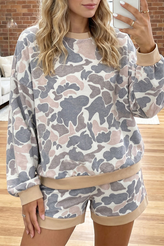 Multicolour Camouflage Patchwork Colorblock 2pcs Long Sleeve Top and Shorts Set-Two Piece Sets/Short Sets-[Adult]-[Female]-Multicolour-S-2022 Online Blue Zone Planet