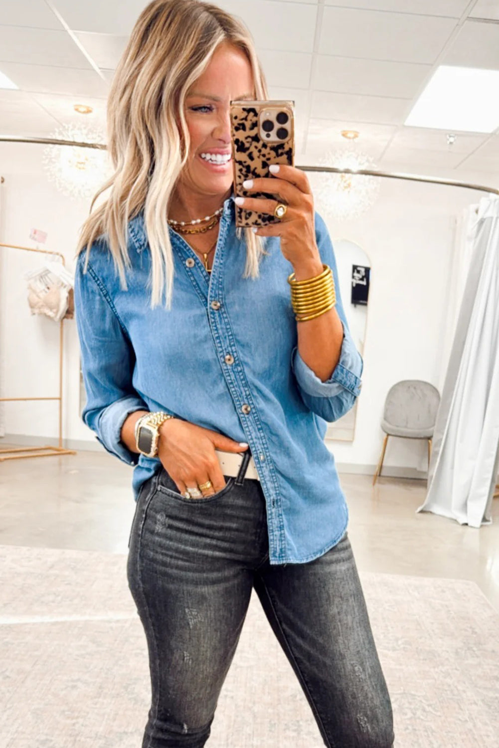 Myosotis Buttoned Down Slim Denim Shirt-Tops/Blouses & Shirts-[Adult]-[Female]-2022 Online Blue Zone Planet