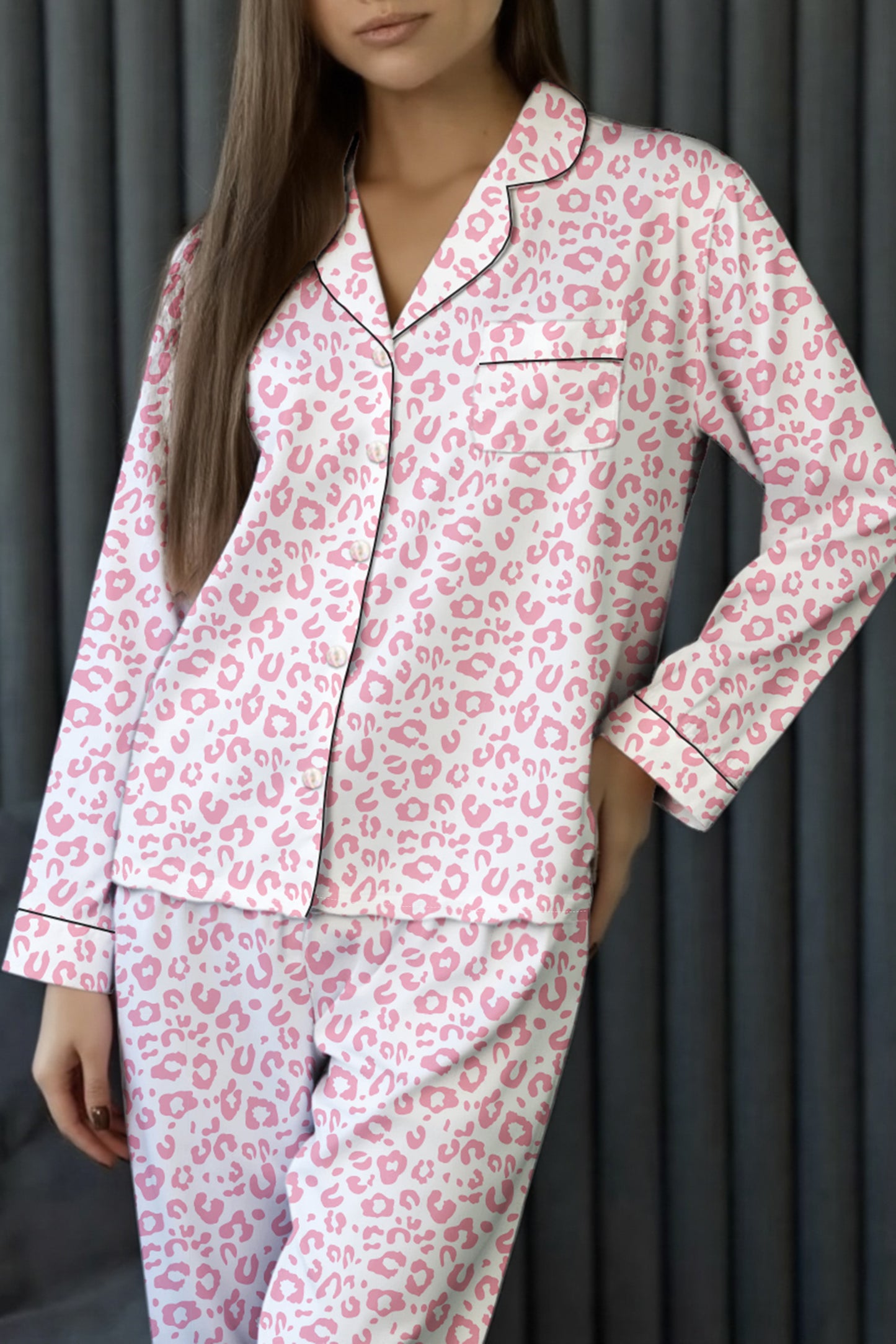 Pink Leopard Print 2cps Long Pajama Set-Loungewear & Sleepwear/Loungewear-[Adult]-[Female]-Pink-S-2022 Online Blue Zone Planet