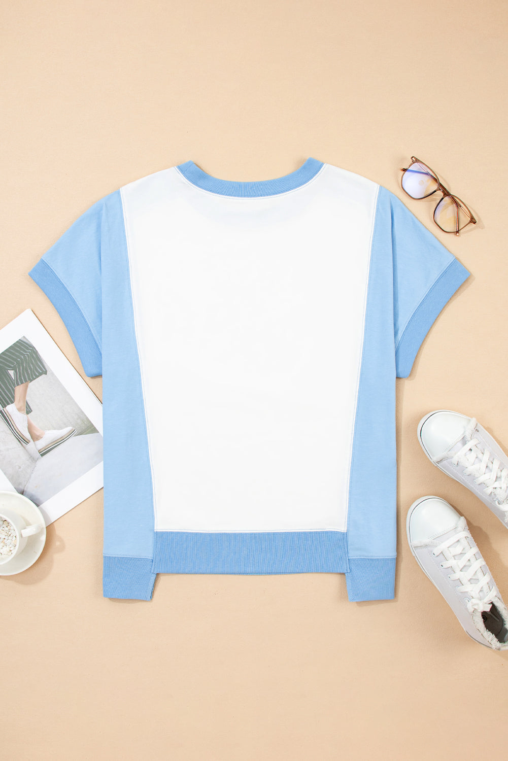 Light Green Colorblock Exposed Seam Patchwork Crew Neck T Shirt-T Shirts-[Adult]-[Female]-2022 Online Blue Zone Planet