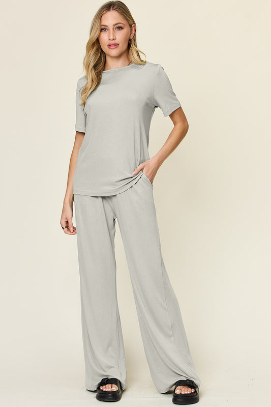 Double Take Full Size Round Neck Short Sleeve T-Shirt and Wide Leg Pants Set-TOPS / DRESSES-[Adult]-[Female]-Light Gray-S-2022 Online Blue Zone Planet