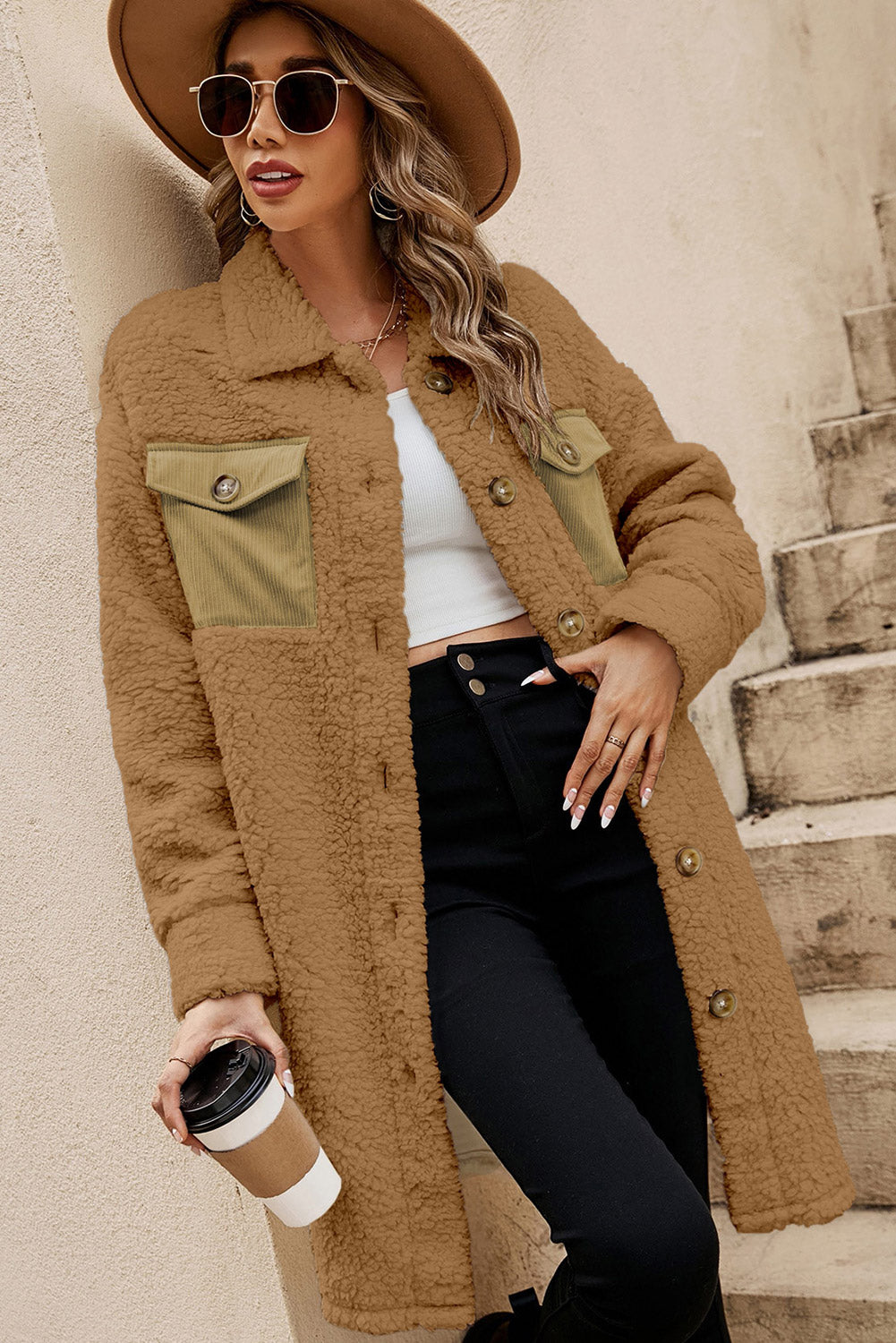 Khaki Contrast Flap Pocket Single Breasted Teddy Coat-Coats-[Adult]-[Female]-2022 Online Blue Zone Planet