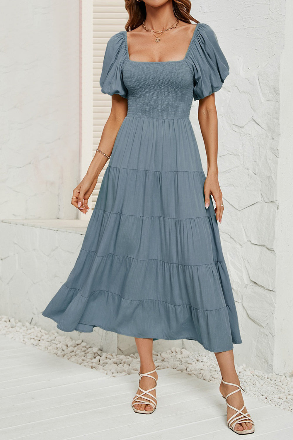 Smocked Square Neck Puff Sleeve Dress BLUE ZONE PLANET