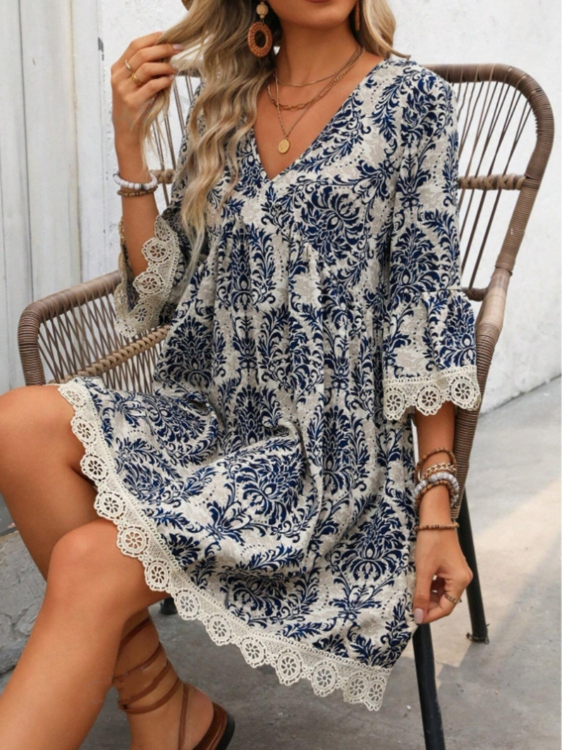 Lace Detail Printed V-Neck Mini Dress-TOPS / DRESSES-[Adult]-[Female]-2022 Online Blue Zone Planet